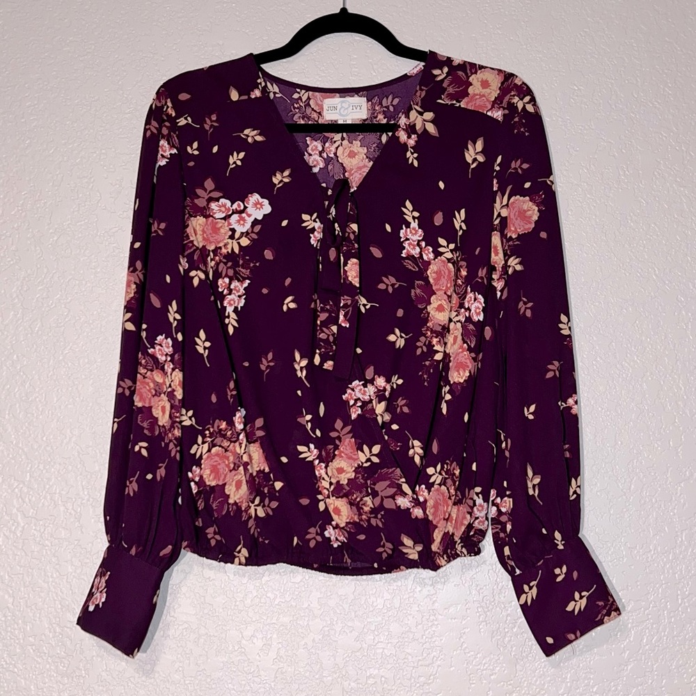 Jun & Ivy Medium Purple Floral Long Sleeve Wrap Blouse with Button Detail Wrists